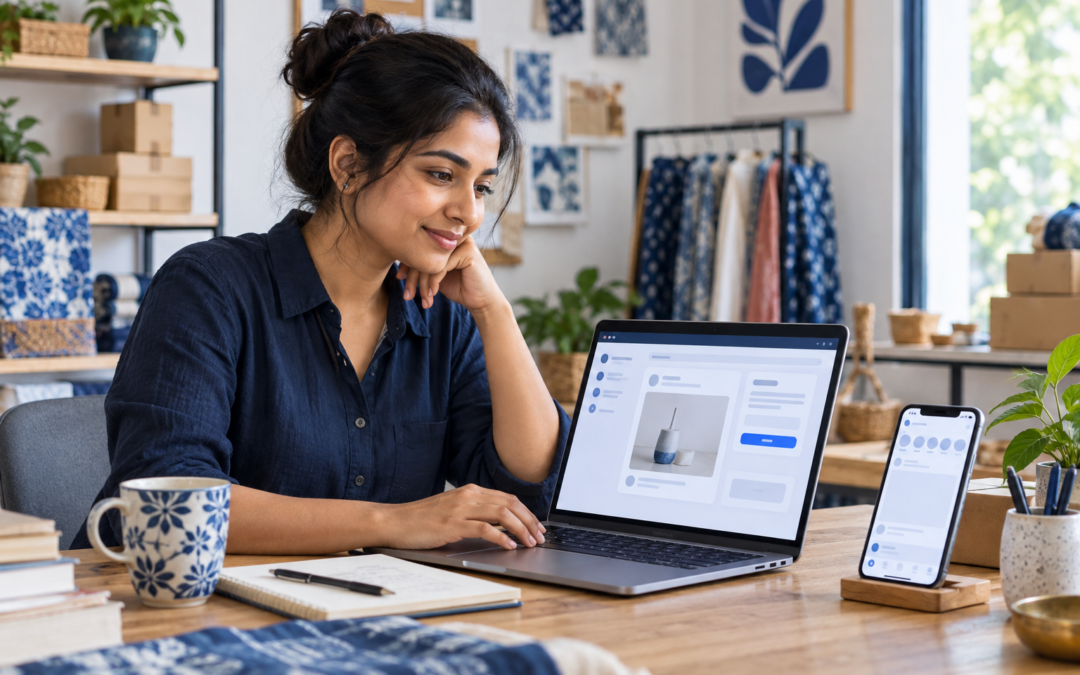 Small-business marketer reviewing a social advertising campaign on a laptop